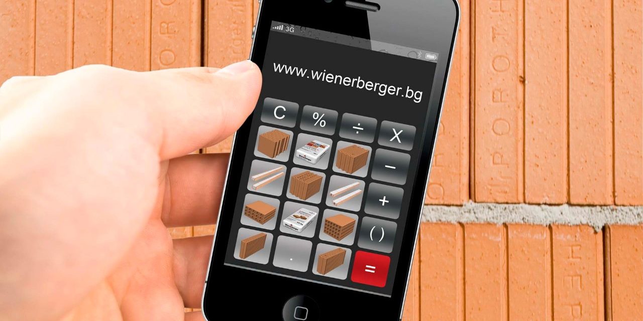 Wienerberger BG online calculator; a hand holding iphone with the app opened