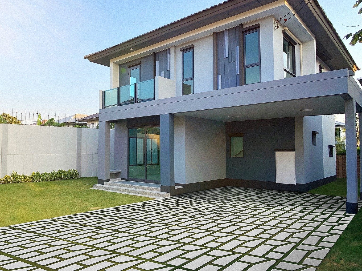 Bangkok, Thailand - Mar 30, 2020: View of New modern House under construction and blue sky with sunrise morning. Property and estate concept