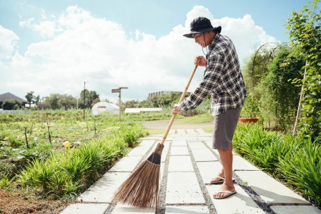 Asian elderly senior farmer cleaning garden with a broom stick in a farm.