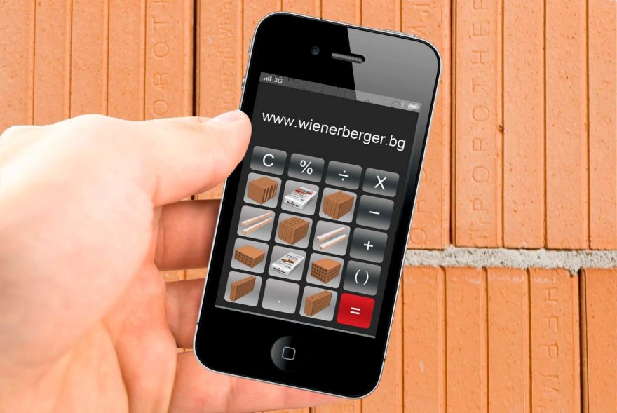 Wienerberger BG online calculator; a hand holding iphone with the app opened