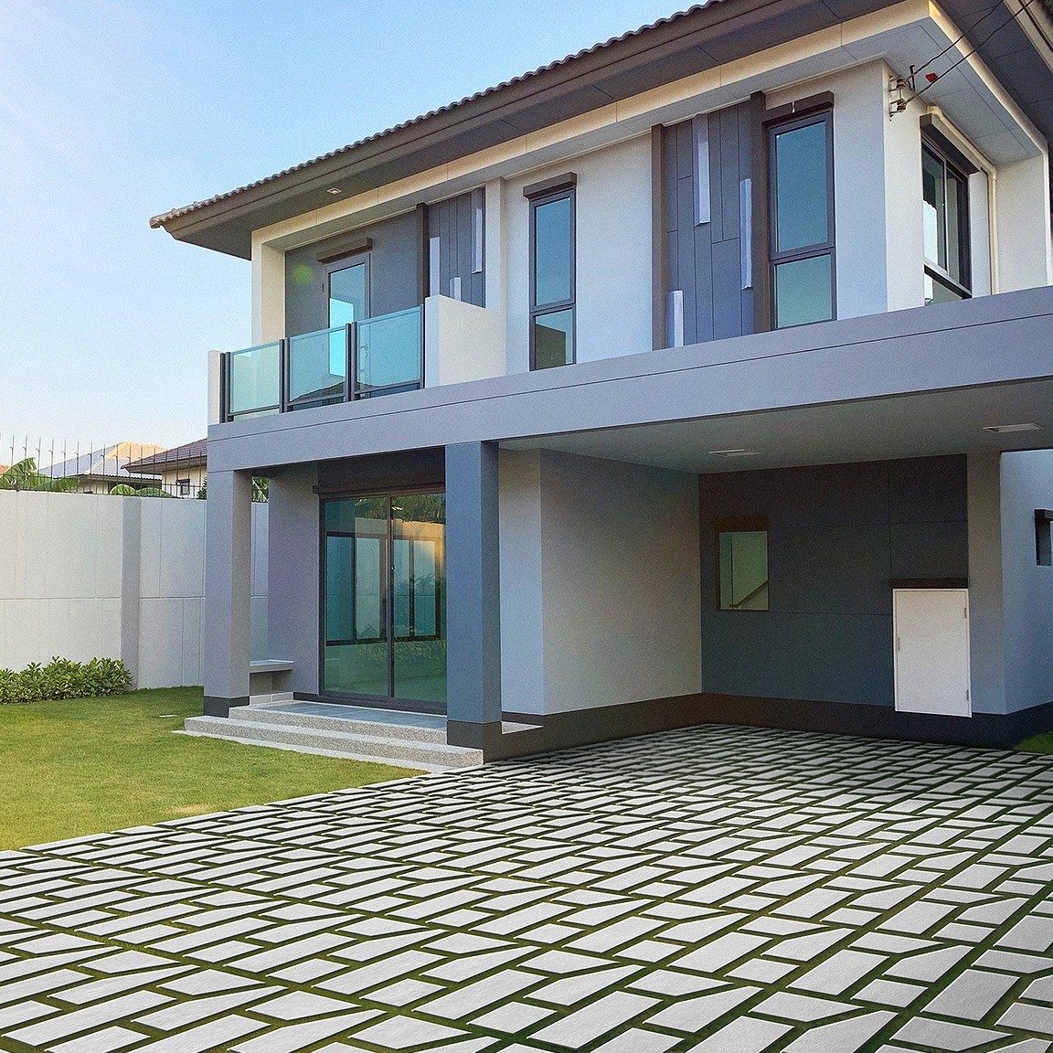Bangkok, Thailand - Mar 30, 2020: View of New modern House under construction and blue sky with sunrise morning. Property and estate concept